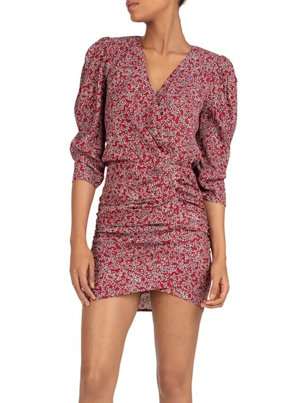 Ba & Sh Crystal Puff-sleeve Ruched Dress In Carmin